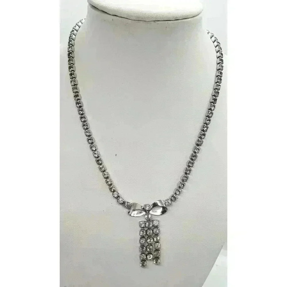 Vintage Necklace Rhinestone 3D Figural Bow & Dangles Choker Barbie Wedding - Picture 2 of 8